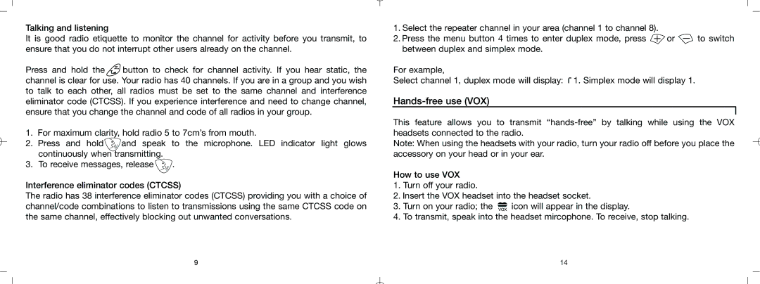 Oricom PMR1000R warranty Hands-freefree useuse Vvox 