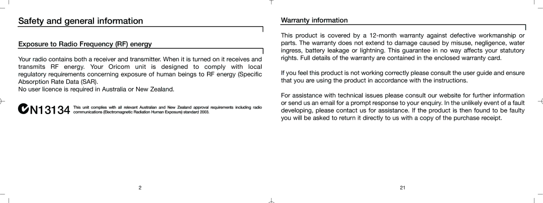 Oricom PMR1000R warranty Safetyf ty and generalr l iinformationf r ti, Exposurere toto Radioio Frequencyr RF energyr 