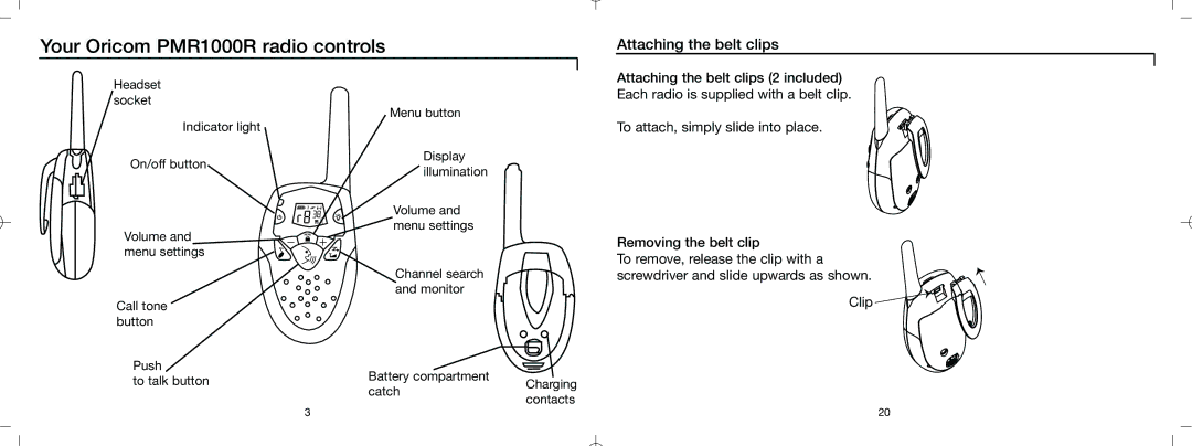 Oricom warranty Yourr Oricomri PMR1000R rradioio controlstr ls, Attachingtt i tthe beltlt clipsli 