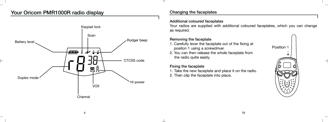 Oricom warranty Yourr Oricomri PMR1000R rradioio displayis l y, Changingi tthe ffaceplatesl t 