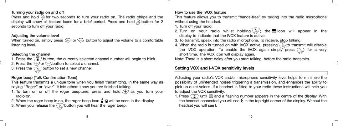 Oricom PMR1000R warranty Settingi VOX and II-VOX sensitivityi i i llevelsls 