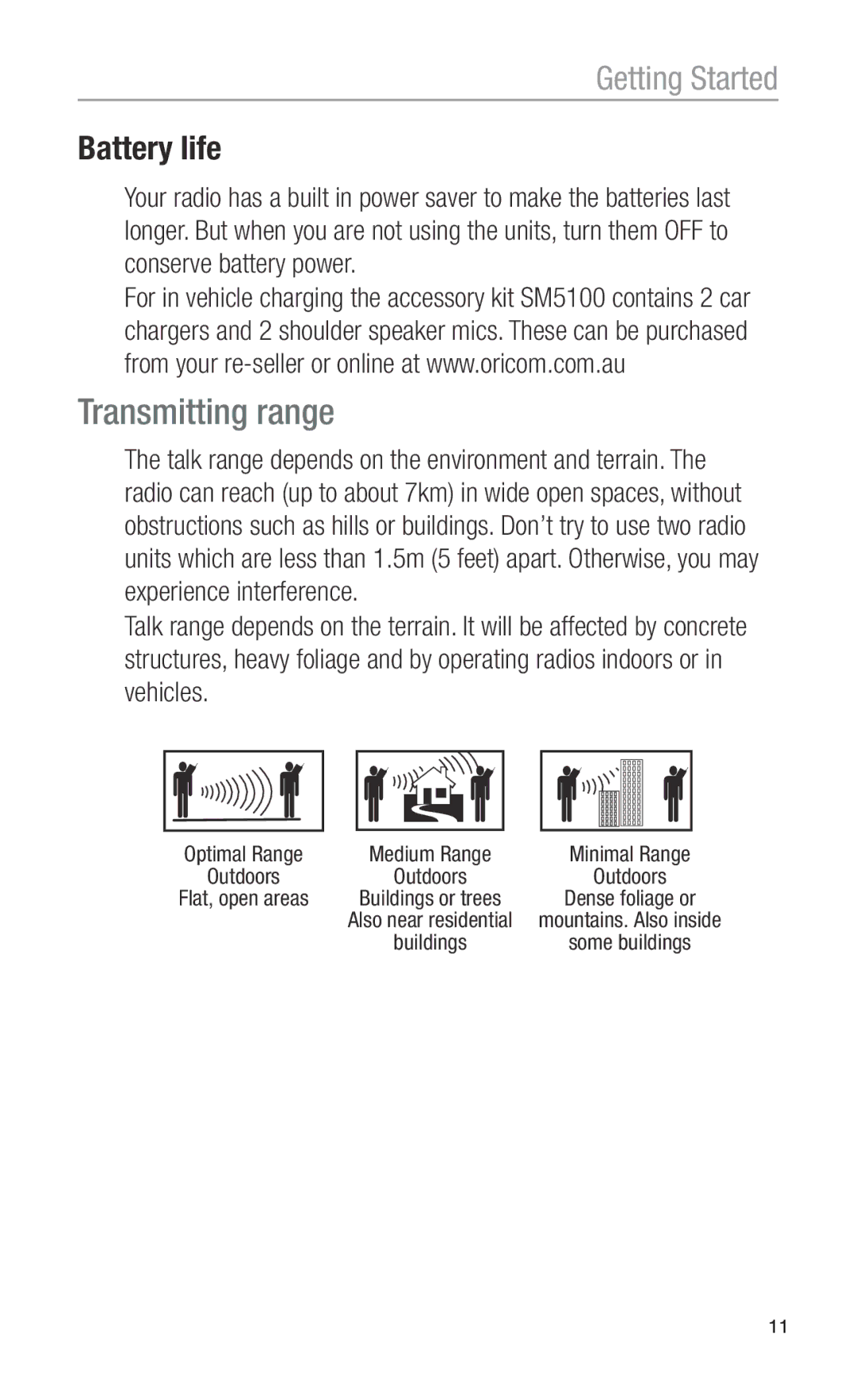 Oricom PMR1200 operating instructions Transmitting range, Battery life 