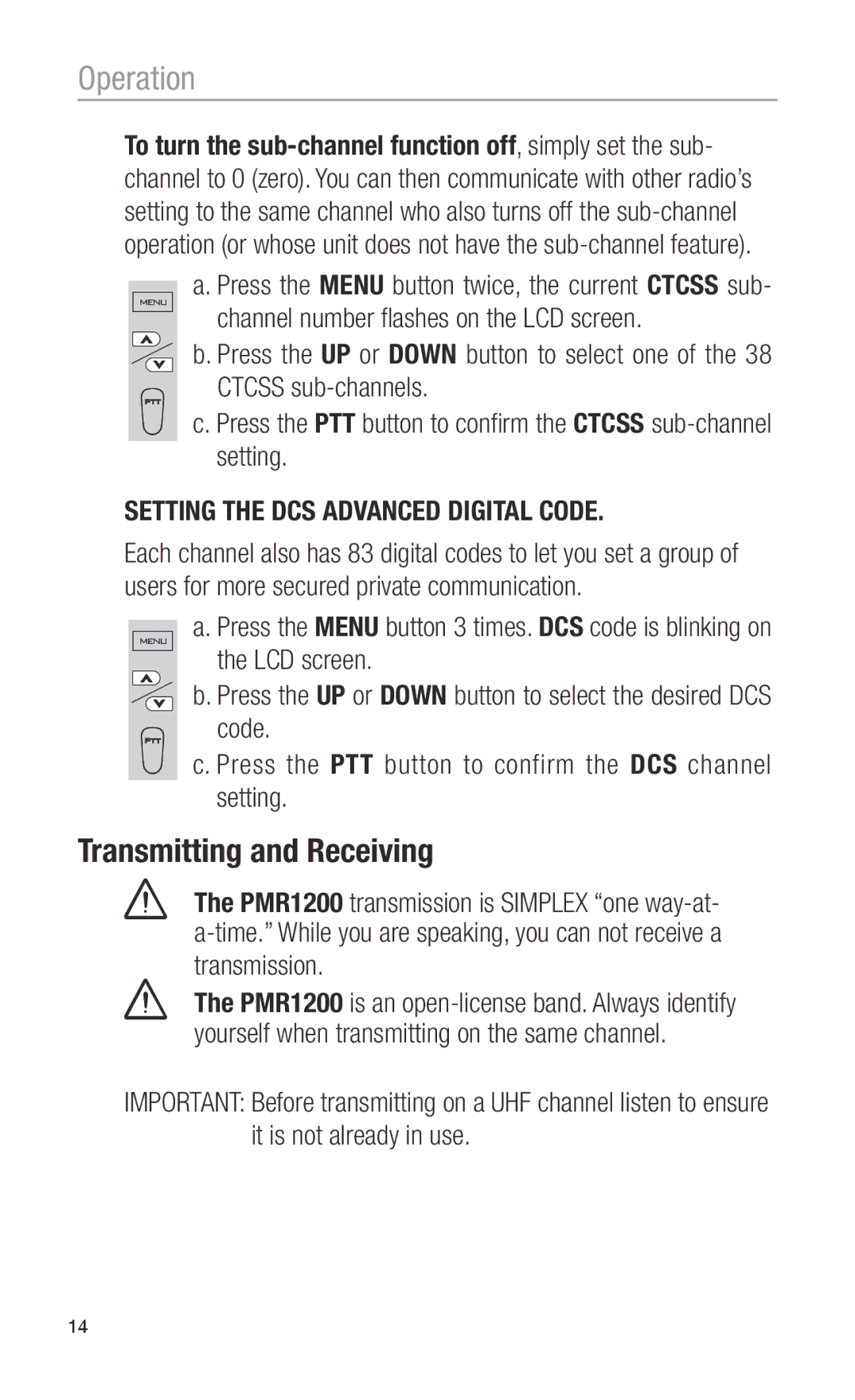 Oricom PMR1200 operating instructions Transmitting and Receiving, Transmission 