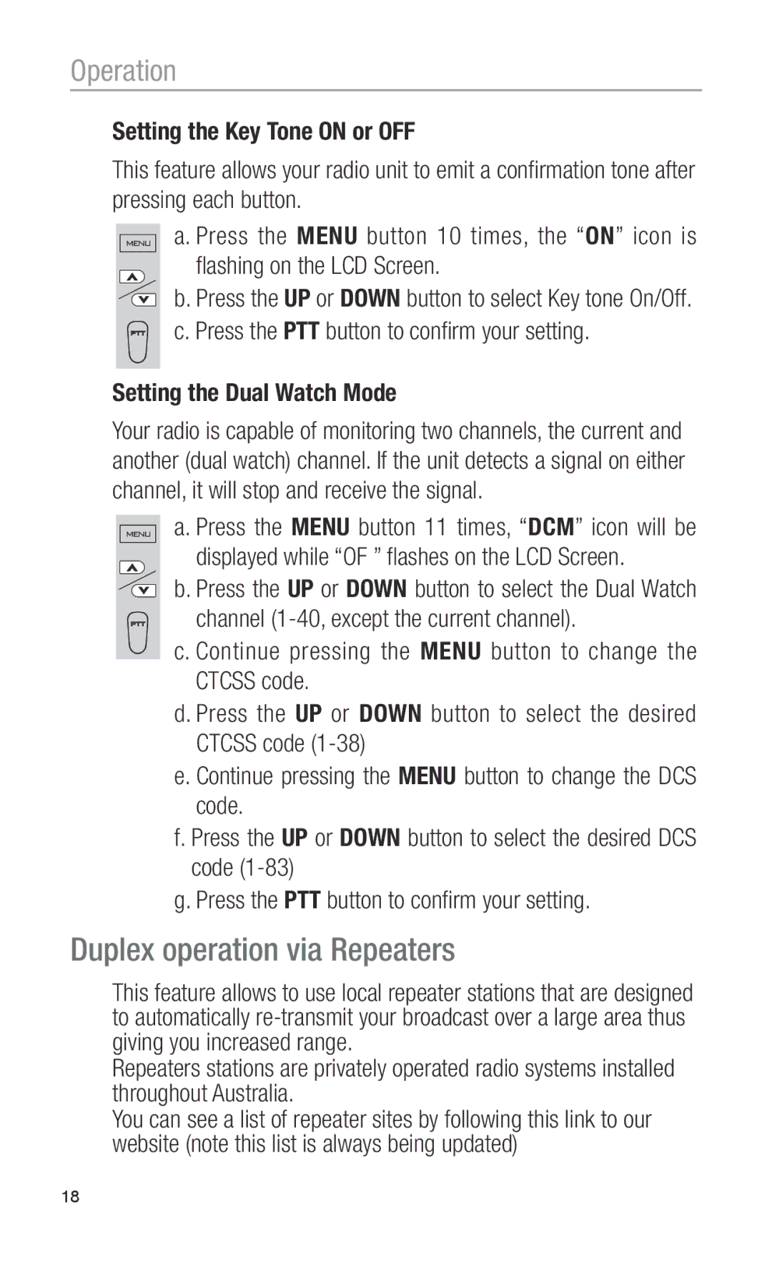 Oricom PMR1200 operating instructions Duplex operation via Repeaters, Setting the Dual Watch Mode 