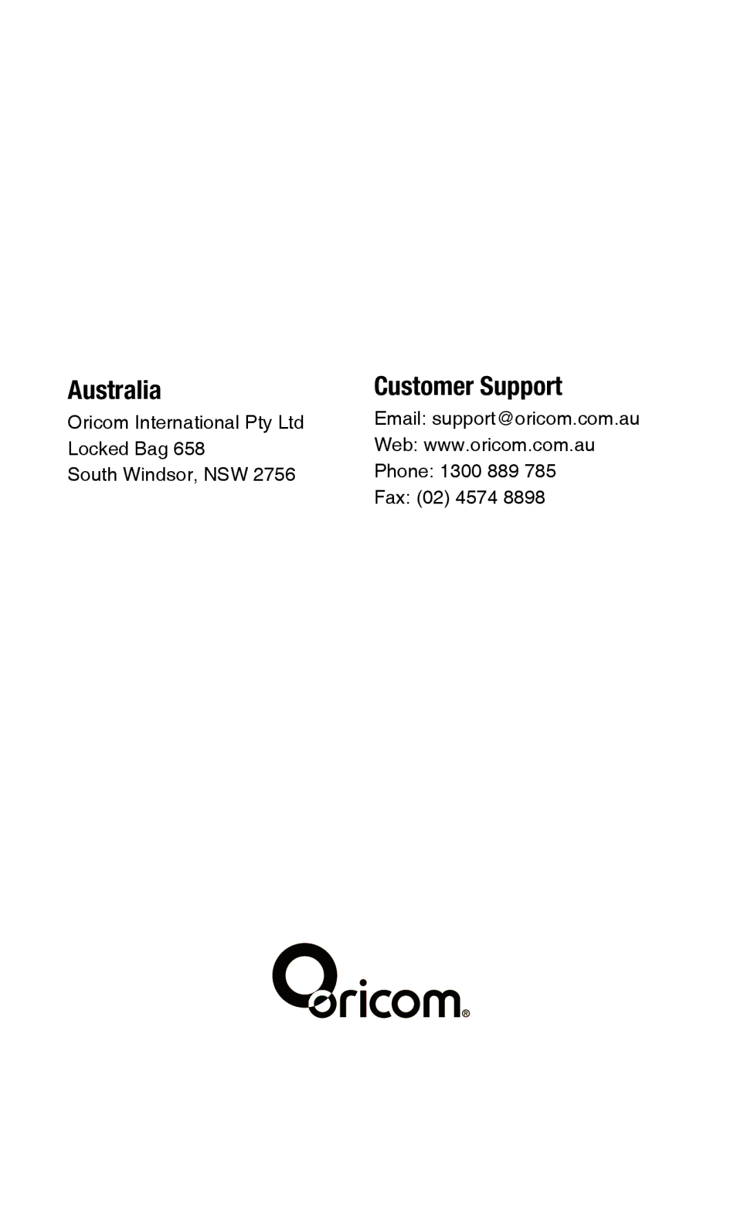 Oricom PMR1200 operating instructions Australia Customer Support 