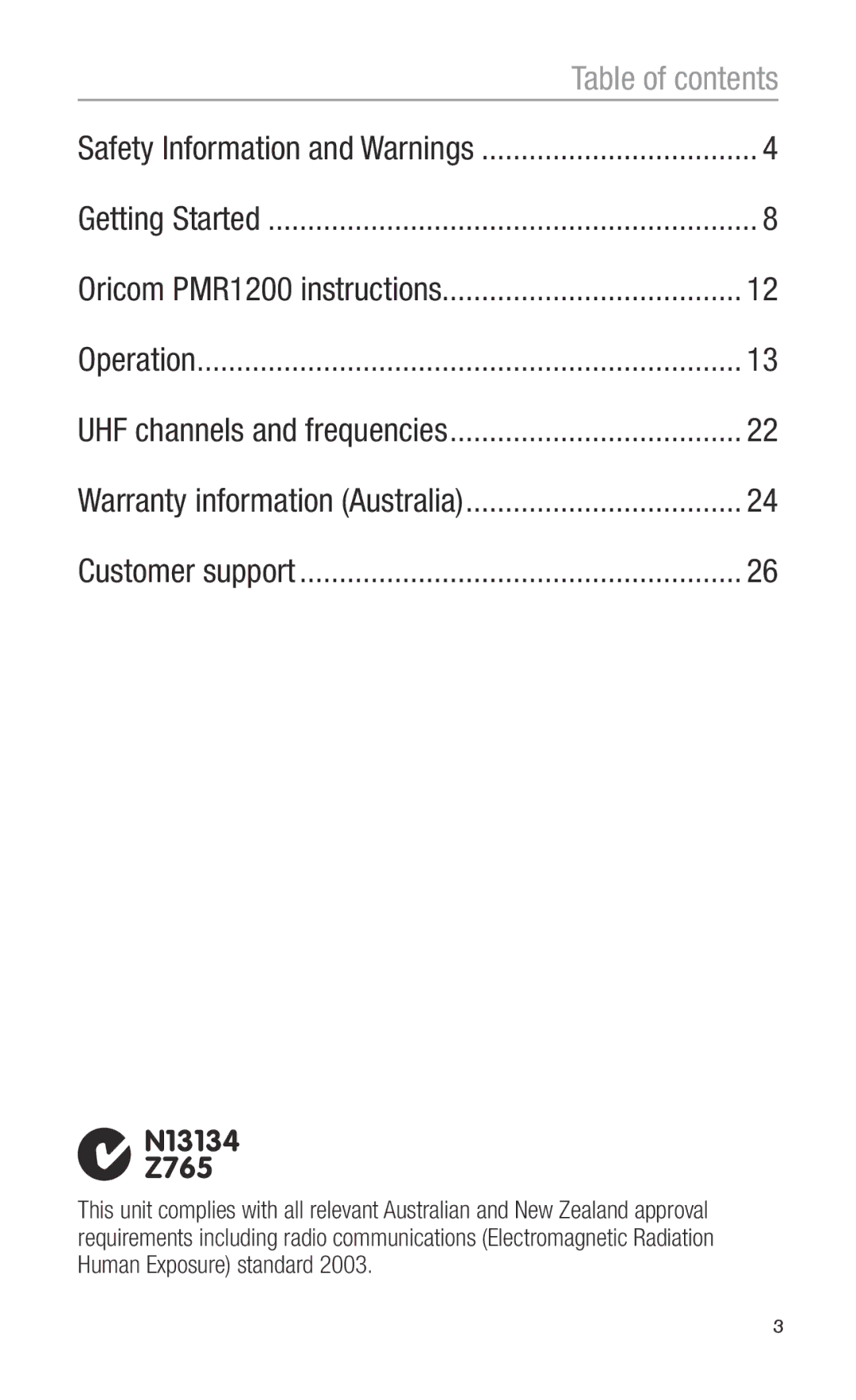 Oricom PMR1200 operating instructions Table of contents 