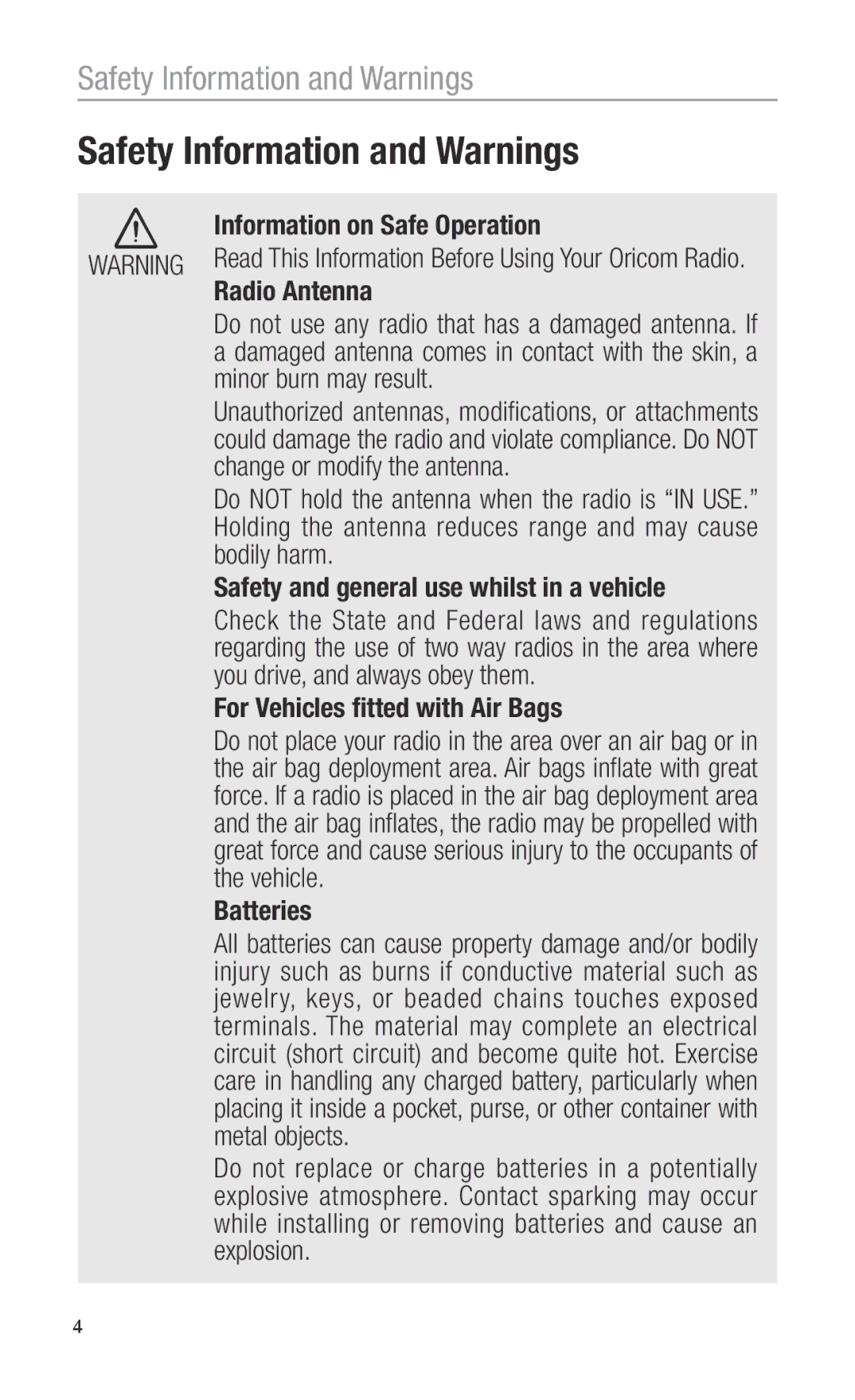 Oricom PMR1200 Information on Safe Operation, Radio Antenna, For Vehicles fitted with Air Bags, Batteries 