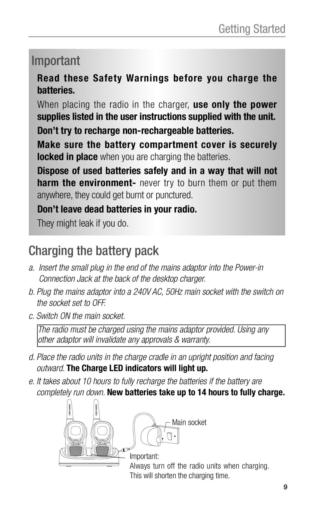 Oricom PMR1200 operating instructions Charging the battery pack, Read these Safety Warnings before you charge the batteries 