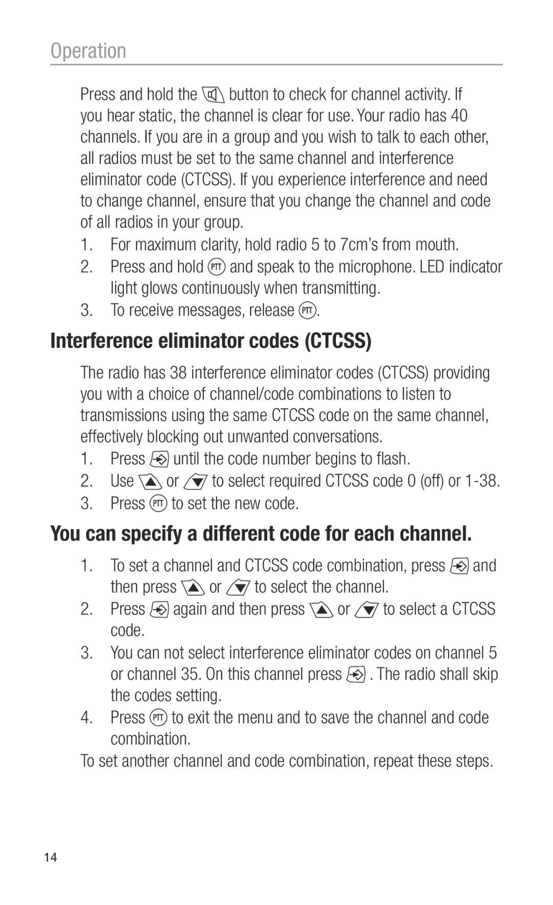 Oricom PMR3000 Interference eliminator codes Ctcss, You can specify a different code for each channel 