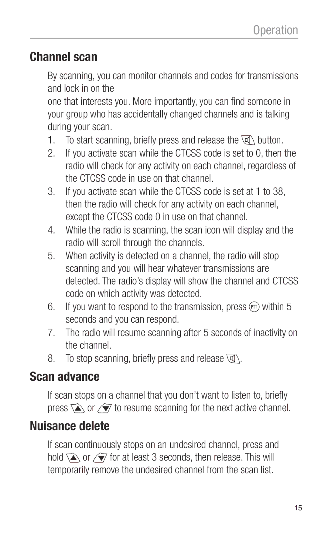 Oricom PMR3000 operating instructions Channel scan, Scan advance, Nuisance delete 