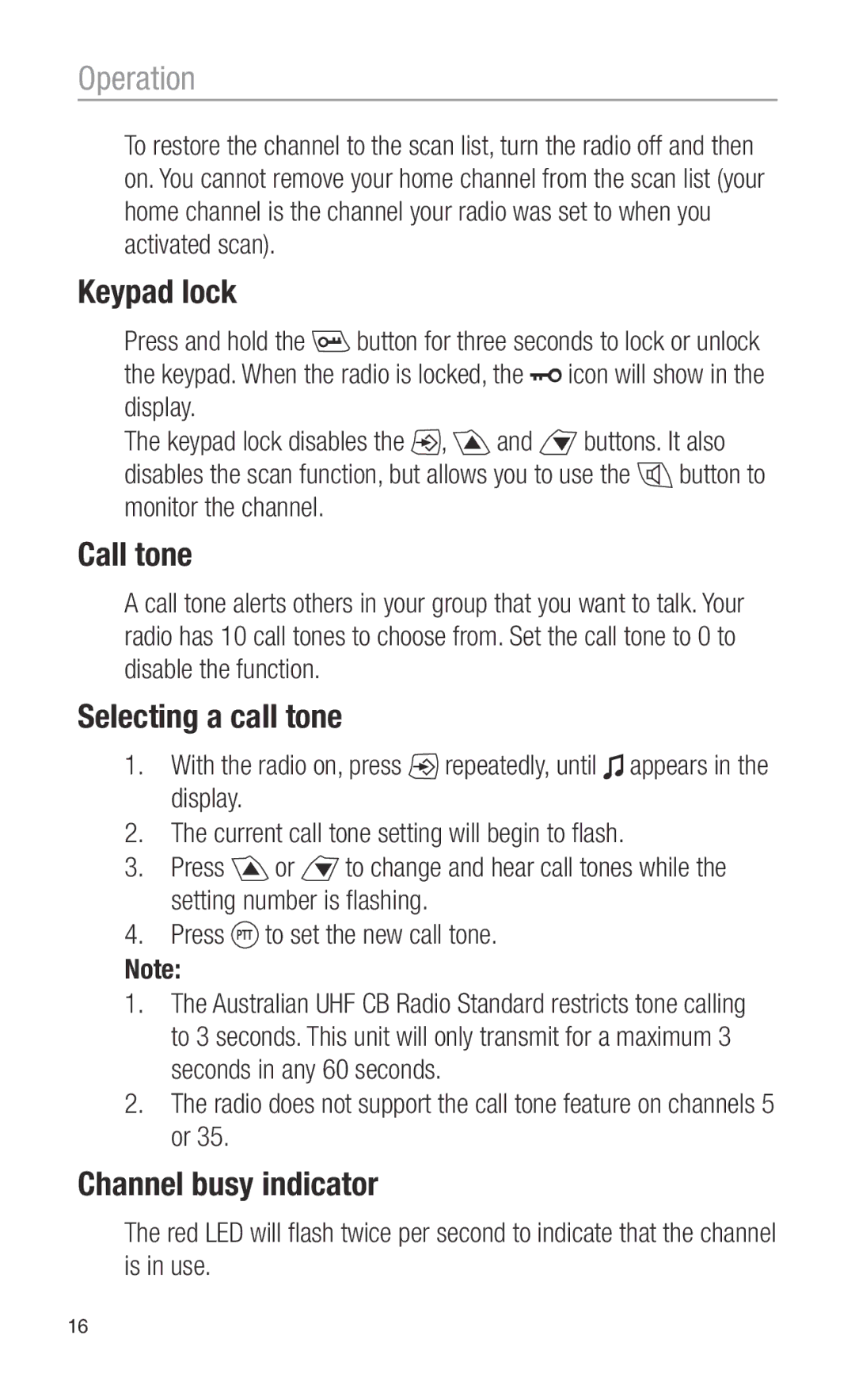 Oricom PMR3000 operating instructions Keypad lock, Call tone, Selecting a call tone, Channel busy indicator 