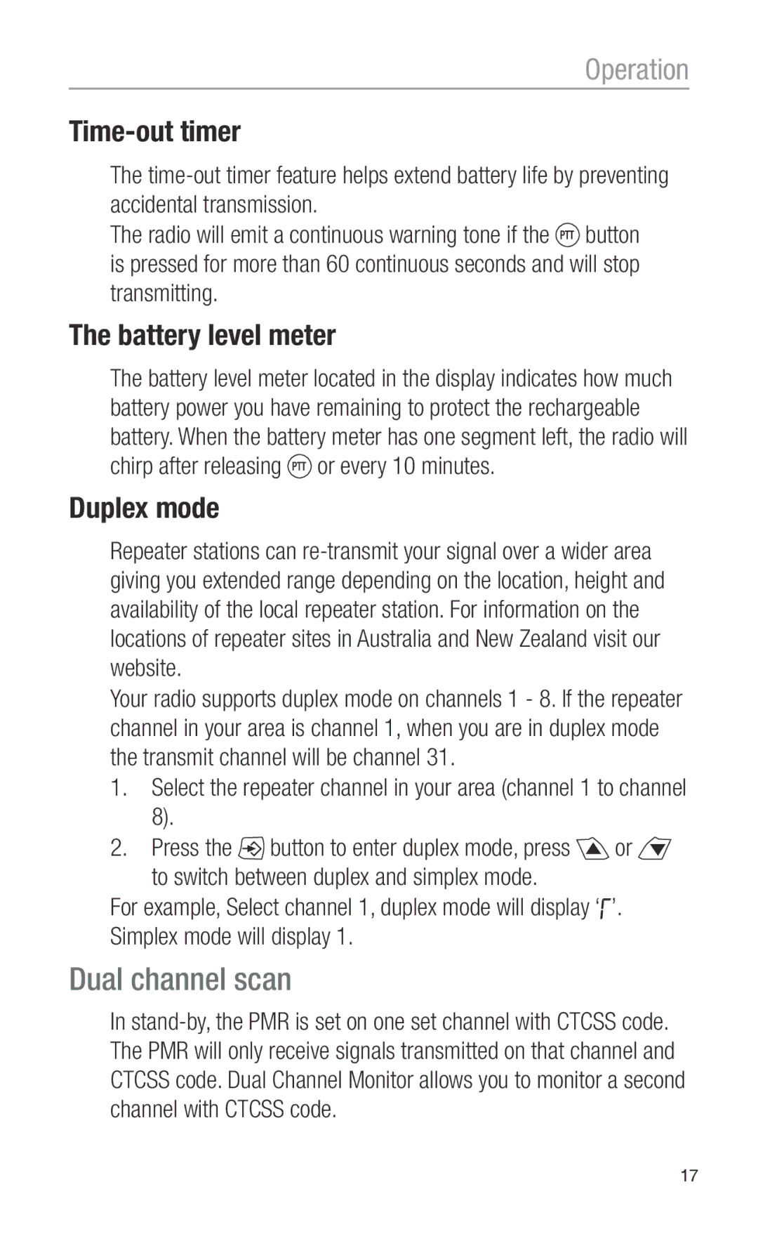 Oricom PMR3000 operating instructions Dual channel scan, Time-out timer, Battery level meter, Duplex mode 