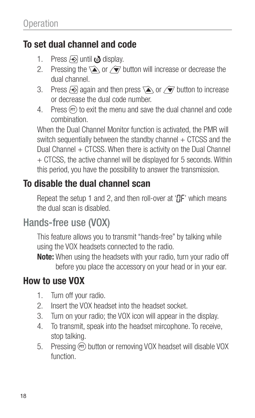 Oricom PMR3000 Hands-free use VOX, To set dual channel and code, To disable the dual channel scan, How to use VOX 