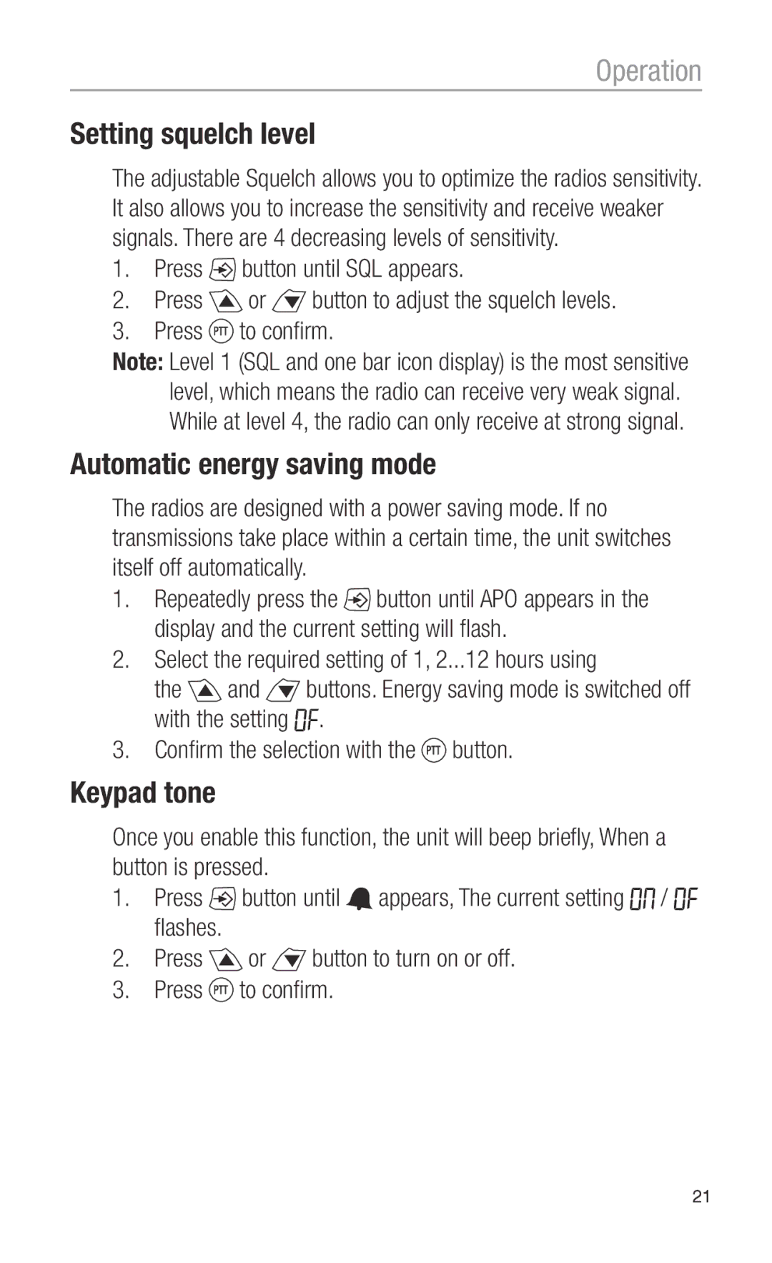 Oricom PMR3000 operating instructions Setting squelch level, Automatic energy saving mode, Keypad tone 