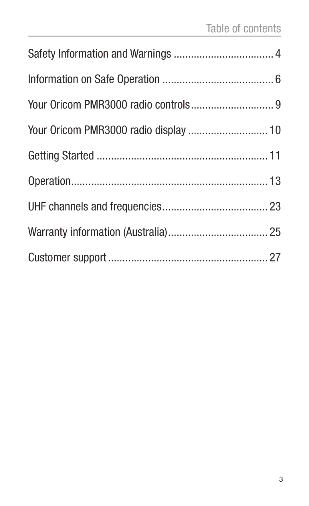 Oricom PMR3000 operating instructions Table of contents 