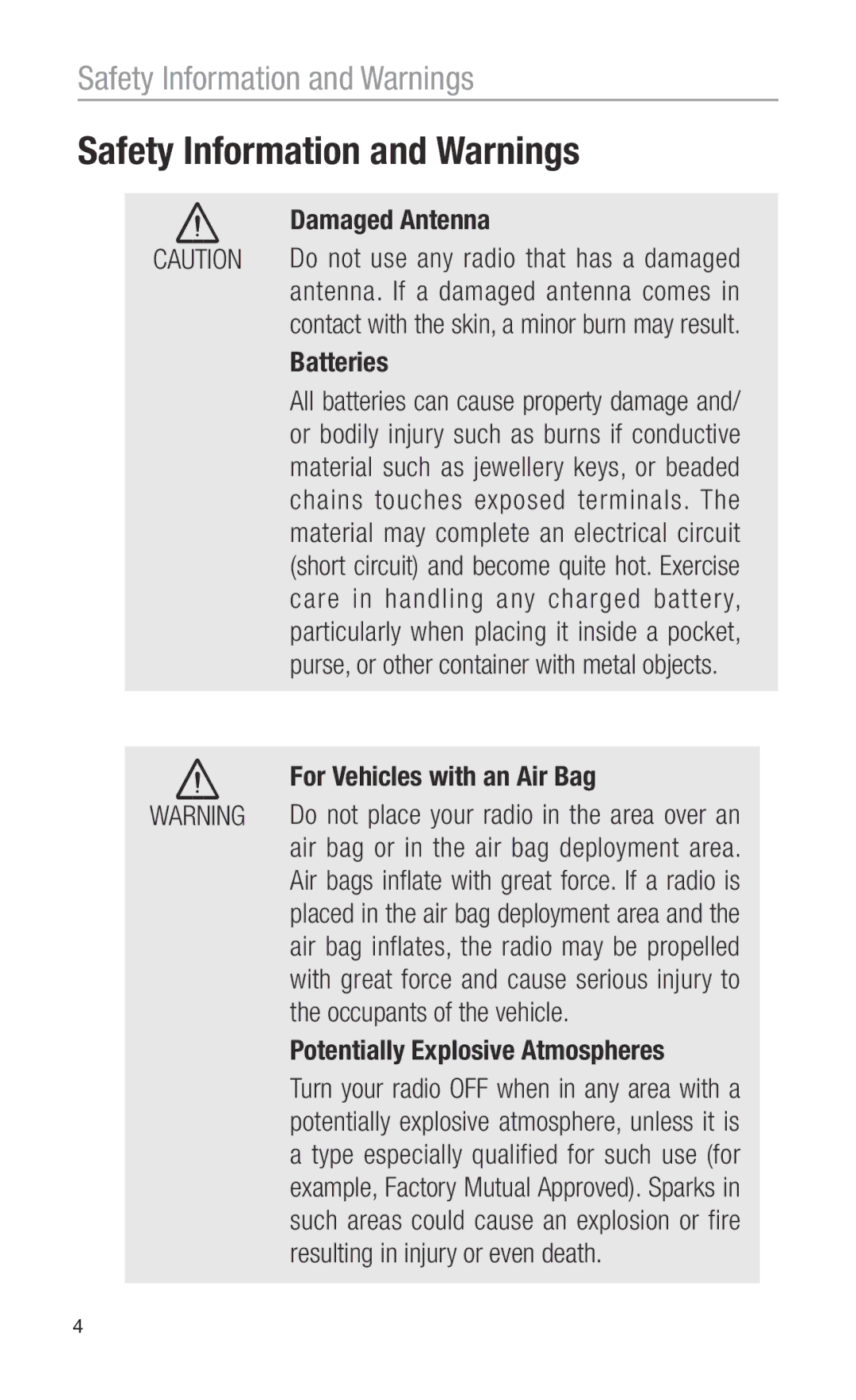 Oricom PMR3000 operating instructions Damaged Antenna, Batteries, For Vehicles with an Air Bag, Occupants of the vehicle 