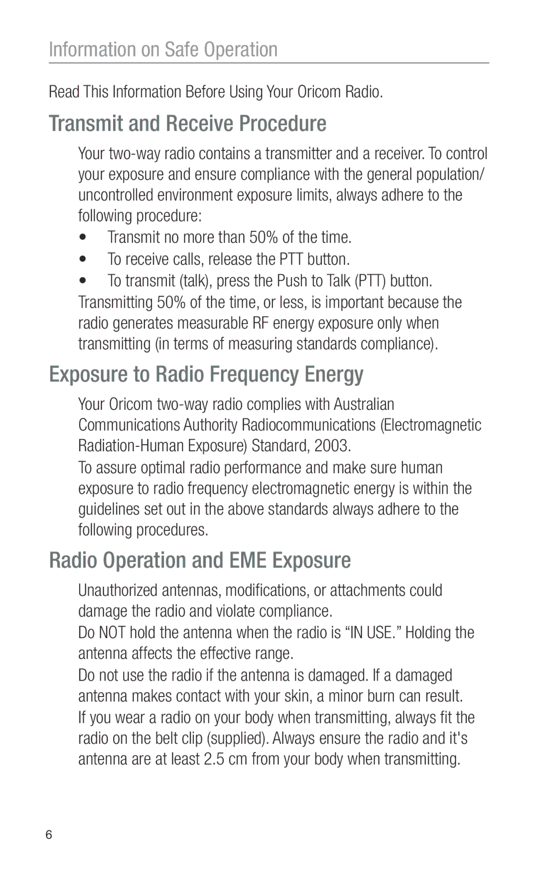 Oricom PMR3000 Transmit and Receive Procedure, Exposure to Radio Frequency Energy, Radio Operation and EME Exposure 