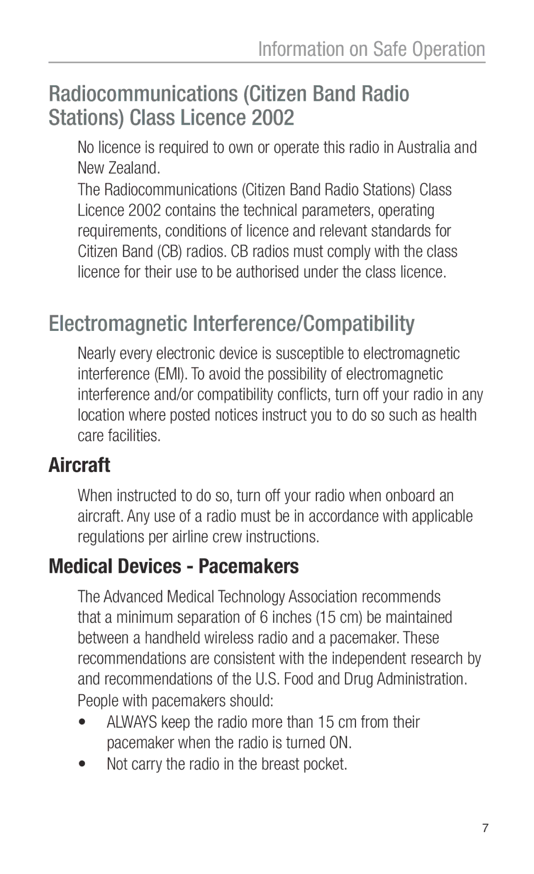 Oricom PMR3000 operating instructions Electromagnetic Interference/Compatibility, Aircraft, Medical Devices Pacemakers 