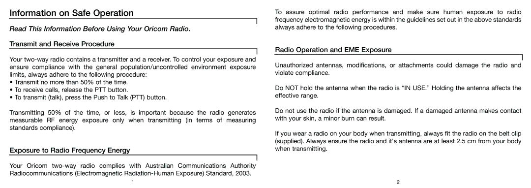 Oricom PMR3000R manual TransTransmitit andand ReceiveReceive ProcedureProcedure, Radioio Operationi and EME Exposure 