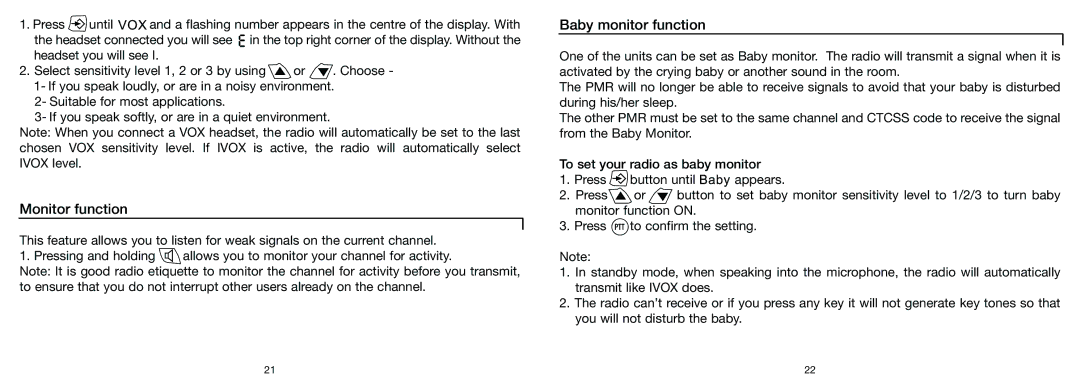 Oricom PMR3000R manual Monitori functioni, Baby monitori functioni 