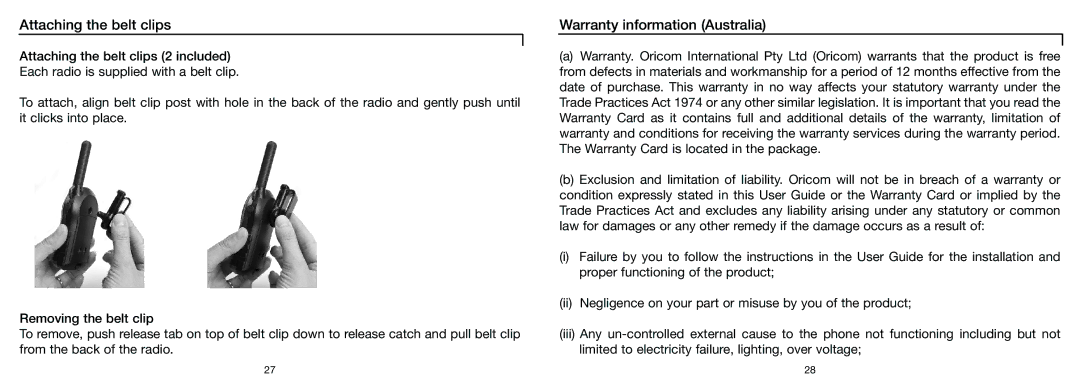 Oricom PMR3000R manual Attaching the belt clips, Warranty iinformationi Australiali 