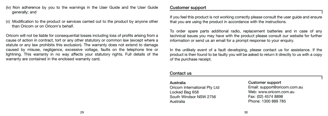 Oricom PMR3000R manual Customer support, Contact us 