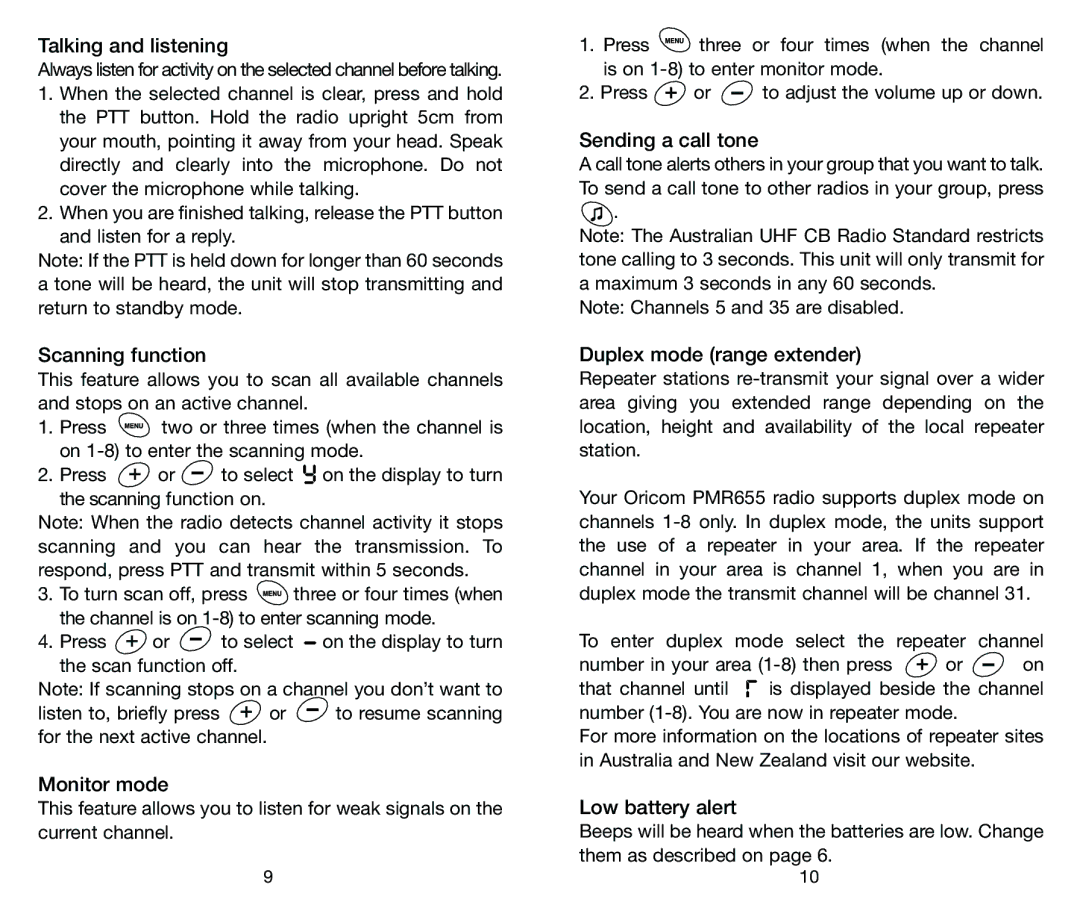 Oricom PMR655 Talking and listening, Scanning function, Monitor mode, Sending a call tone, Duplex mode range extender 