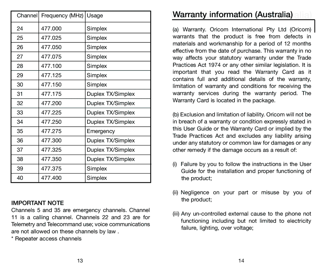 Oricom PMR655 manual Important Note 