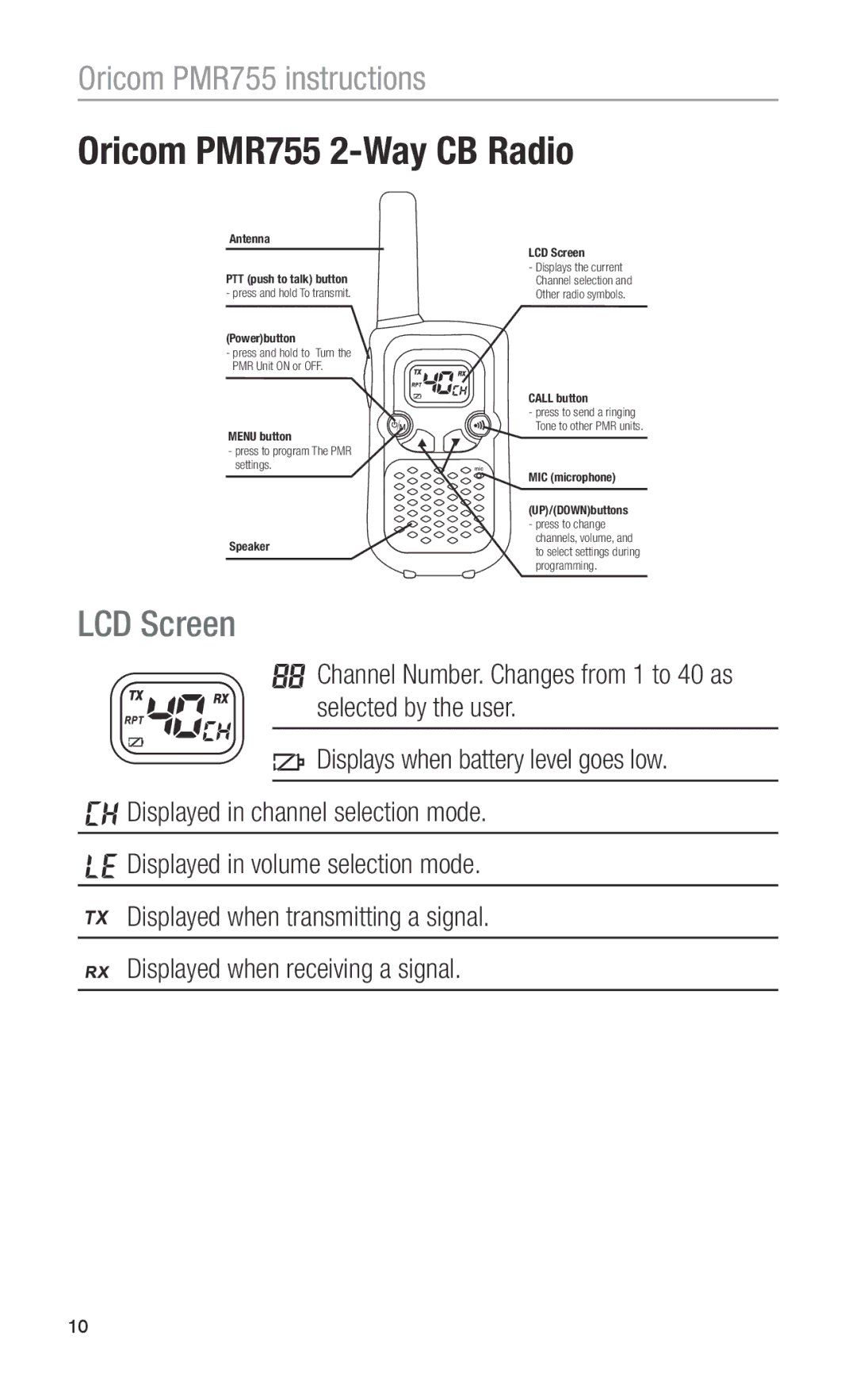 Oricom operating instructions Oricom PMR755 2-Way CB Radio, LCD Screen 