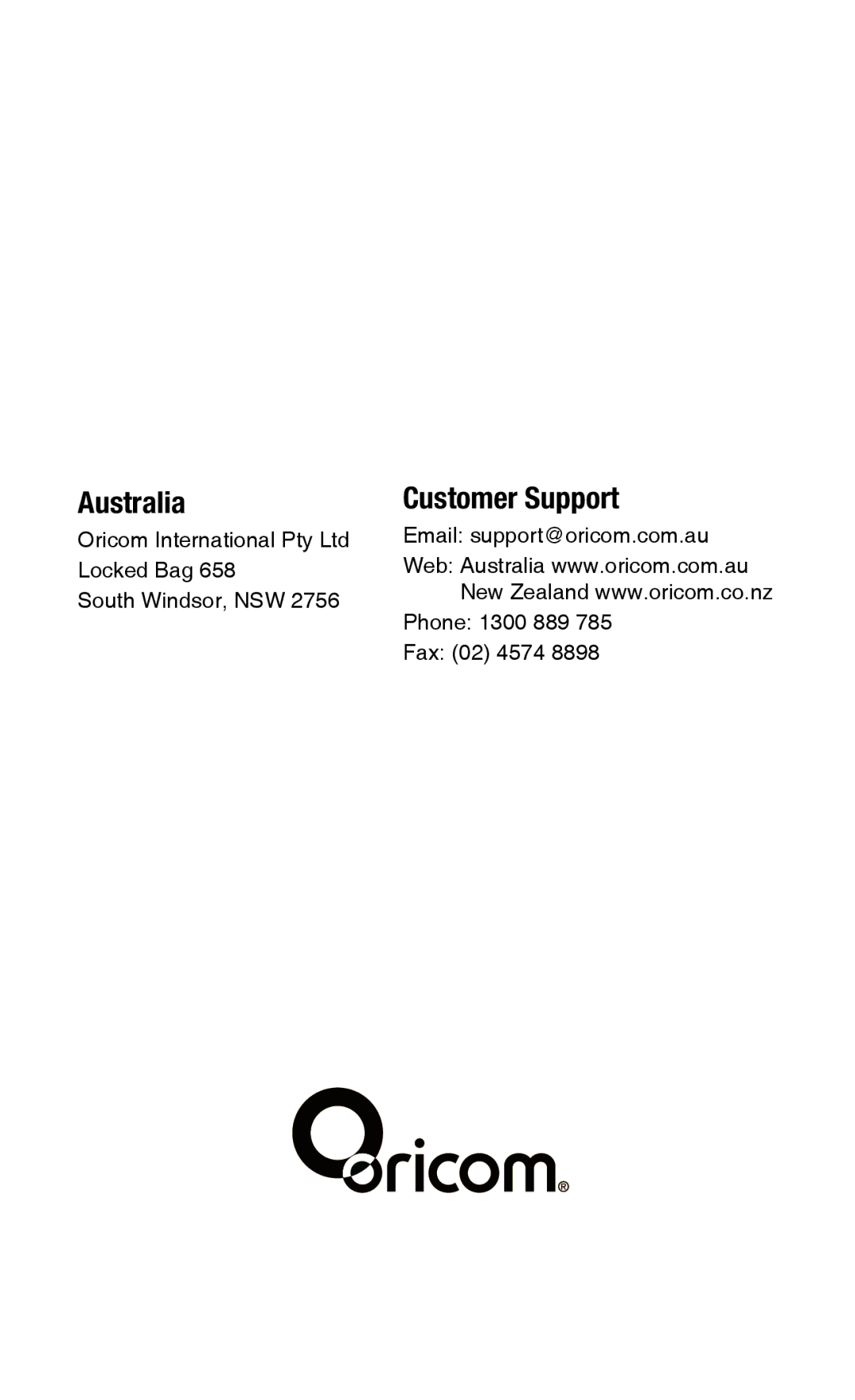 Oricom PMR755 operating instructions Australia Customer Support 