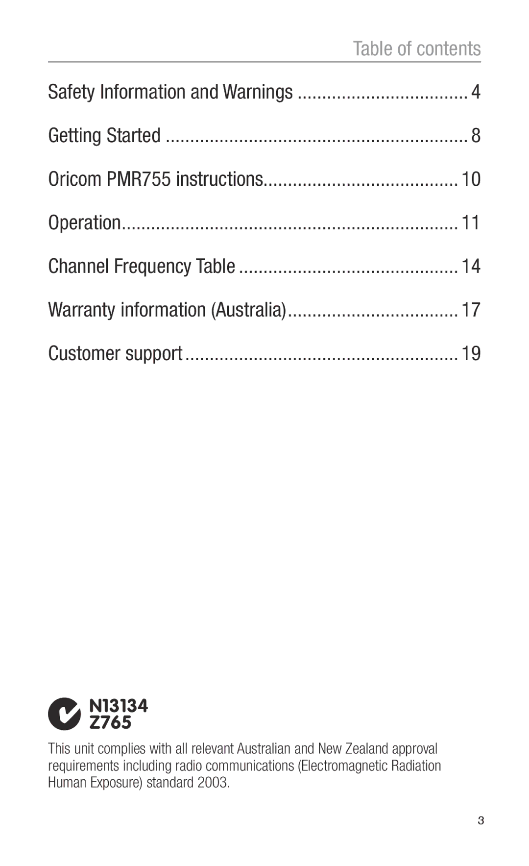 Oricom PMR755 operating instructions Table of contents 