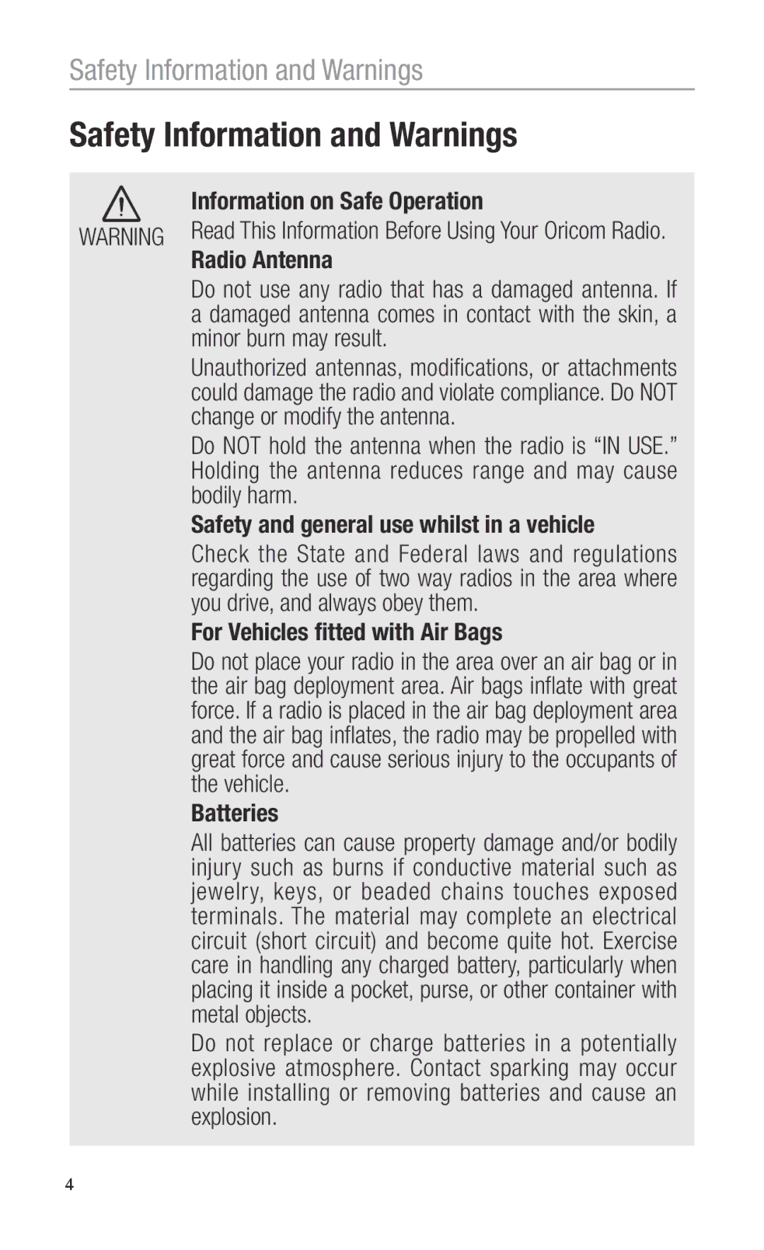 Oricom PMR755 Safety Information and Warnings, Information on Safe Operation, Radio Antenna, Batteries 