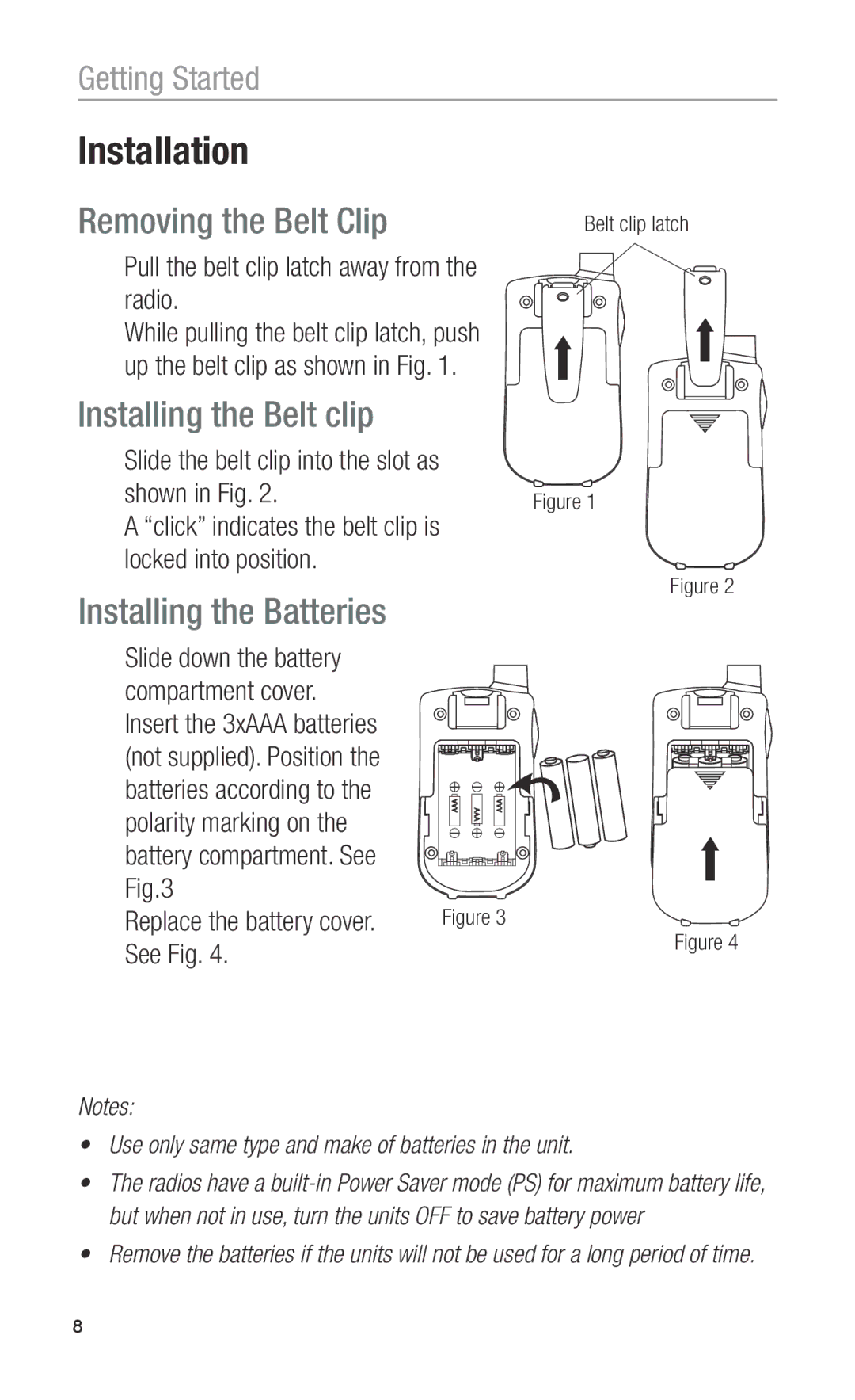 Oricom PMR755 Installation, Removing the Belt Clip, Installing the Belt clip, Installing the Batteries 