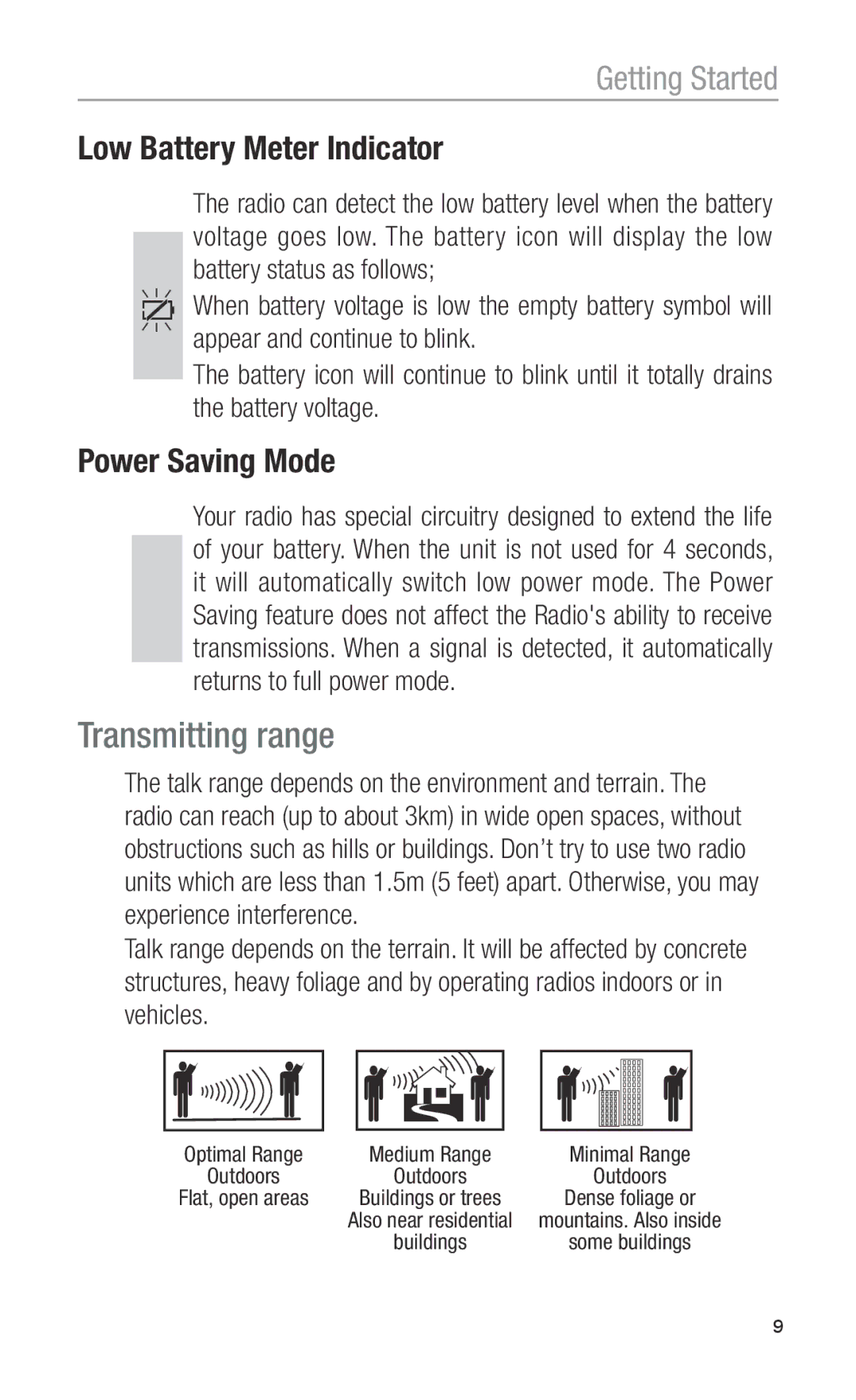 Oricom PMR755 operating instructions Transmitting range, Low Battery Meter Indicator 