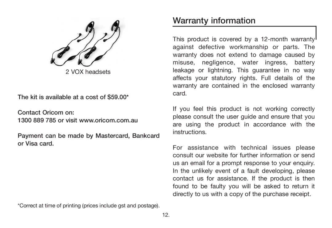 Oricom PMR888 manual Warranty information 