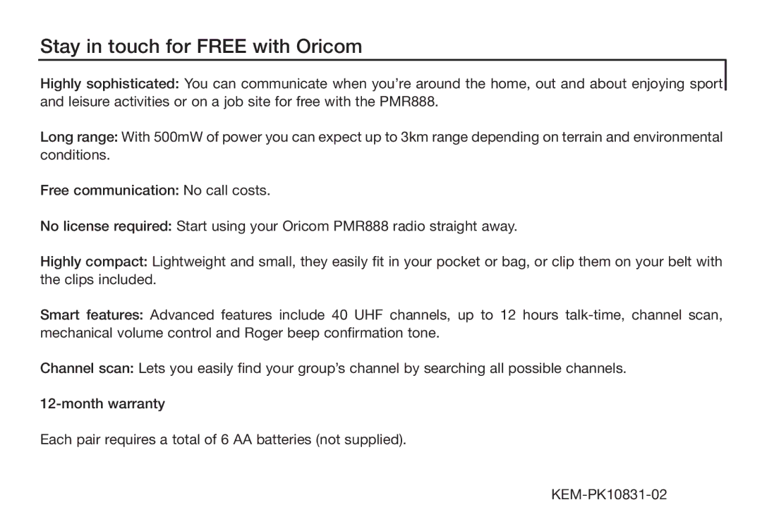 Oricom PMR888 manual Stay in touch for Free with Oricom 