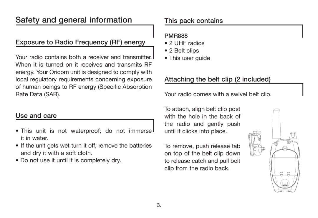 Oricom PMR888 Safety and general information, Exposure to Radio Frequency RF energy, Use and care, This pack contains 