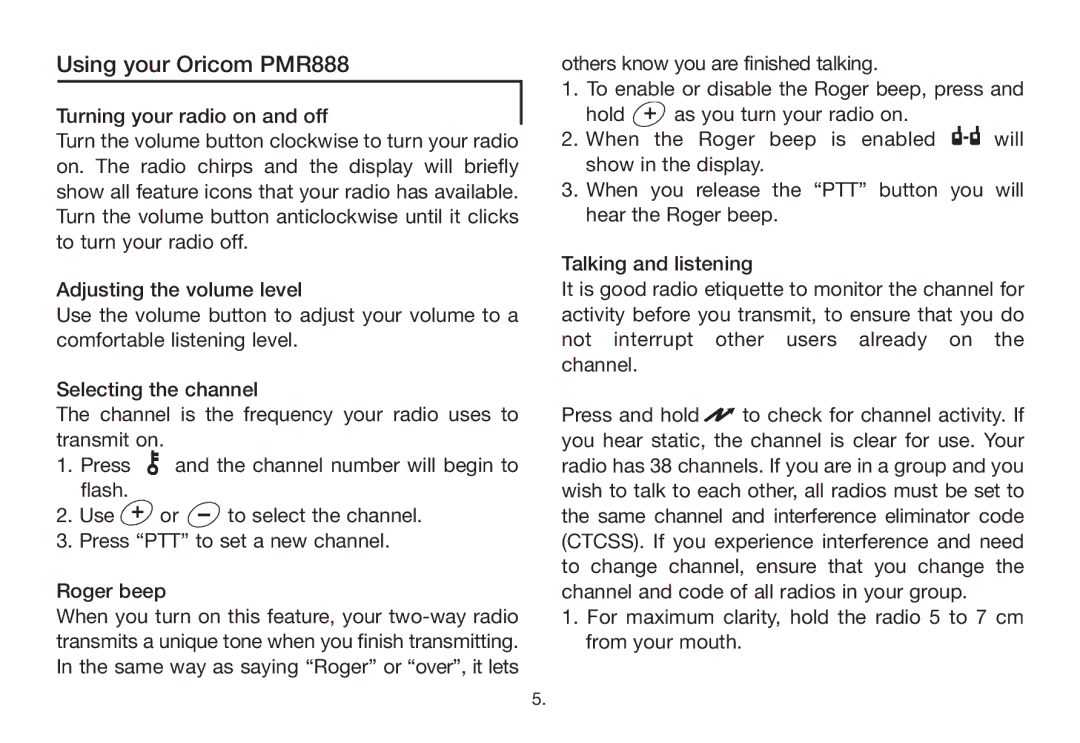 Oricom manual Using your Oricom PMR888 