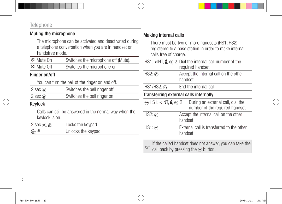 Oricom pro800 DECT, pro600 DECT manual Switches the microphone off Mute 