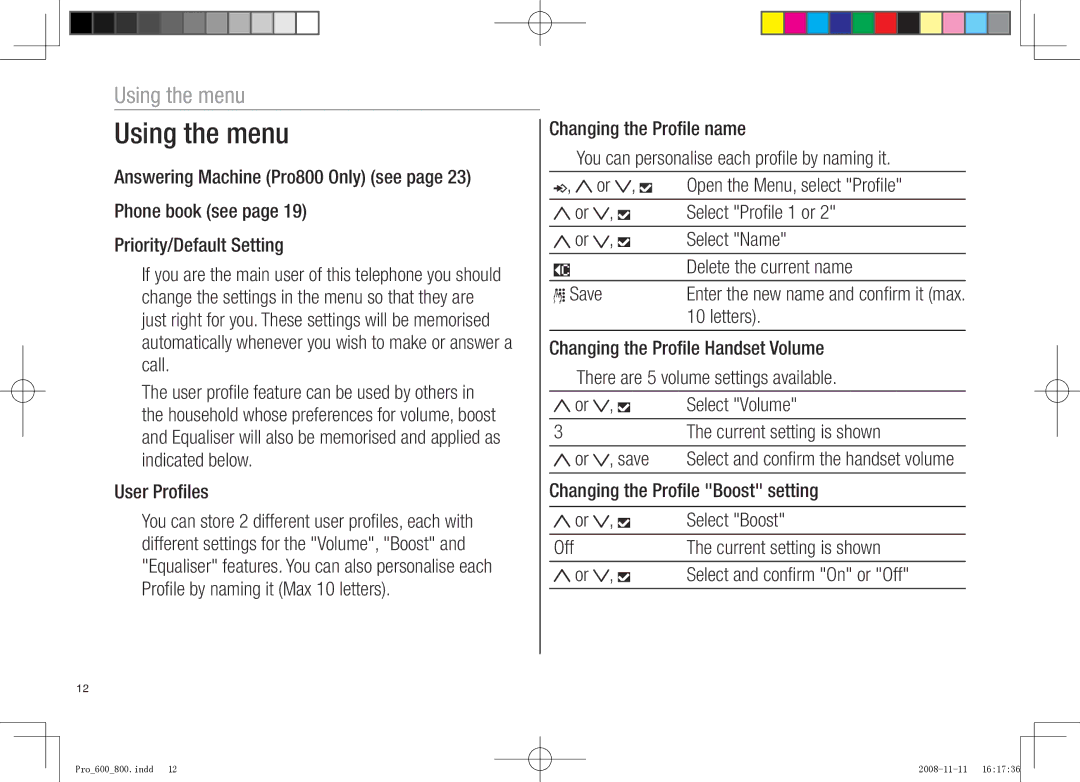 Oricom pro800 DECT, pro600 DECT manual Using the menu 