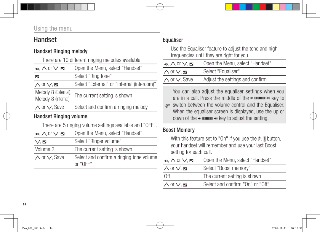 Oricom pro800 DECT Handset Ringing melody, Open the Menu, select Handset, Select Ring tone, Handset Ringing volume, Or OFF 