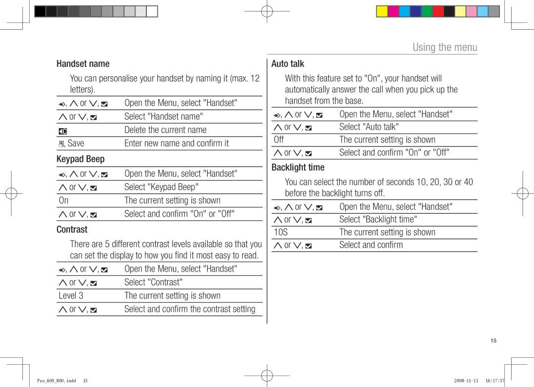 Oricom pro600 DECT Enter new name and confirm it, Select Keypad Beep, Select Contrast, Level Current setting is shown 