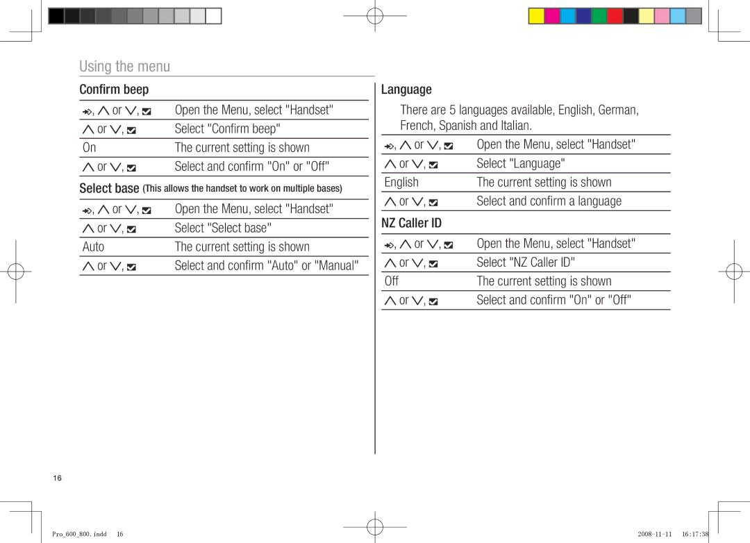 Oricom pro800 DECT, pro600 DECT manual Select Select base, Auto Current setting is shown, Select NZ Caller ID 