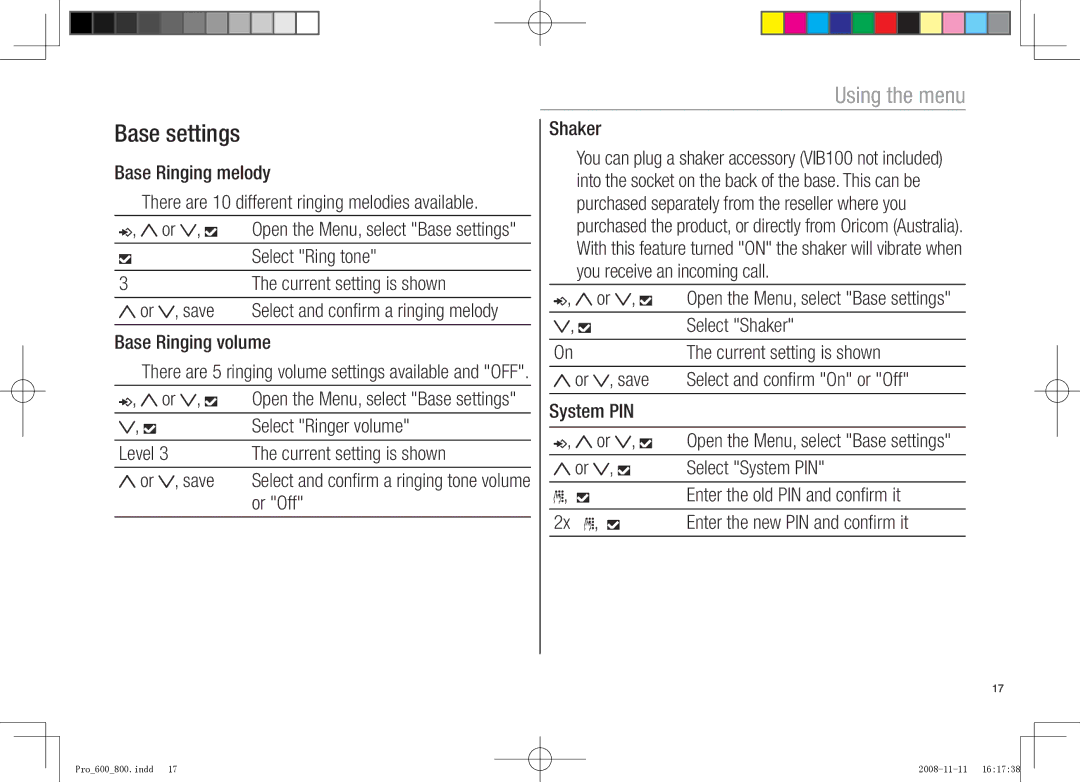 Oricom pro600 DECT, pro800 DECT manual Base Ringing melody, Base Ringing volume, Select Shaker, Select System PIN 