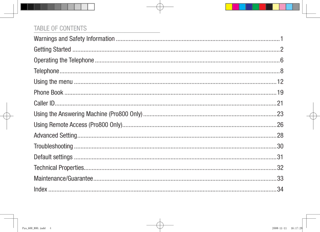 Oricom pro800 DECT, pro600 DECT manual Table of Contents 