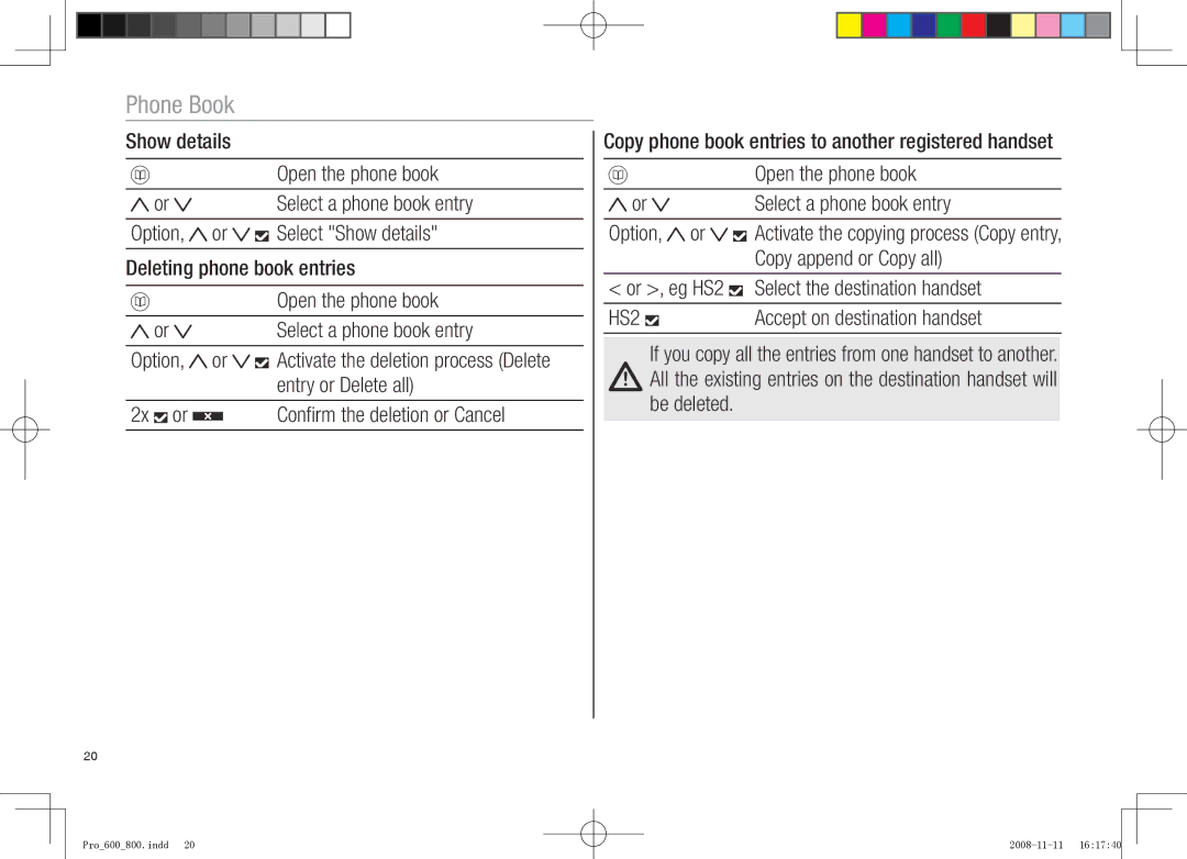 Oricom pro800 DECT, pro600 DECT manual Phone Book 