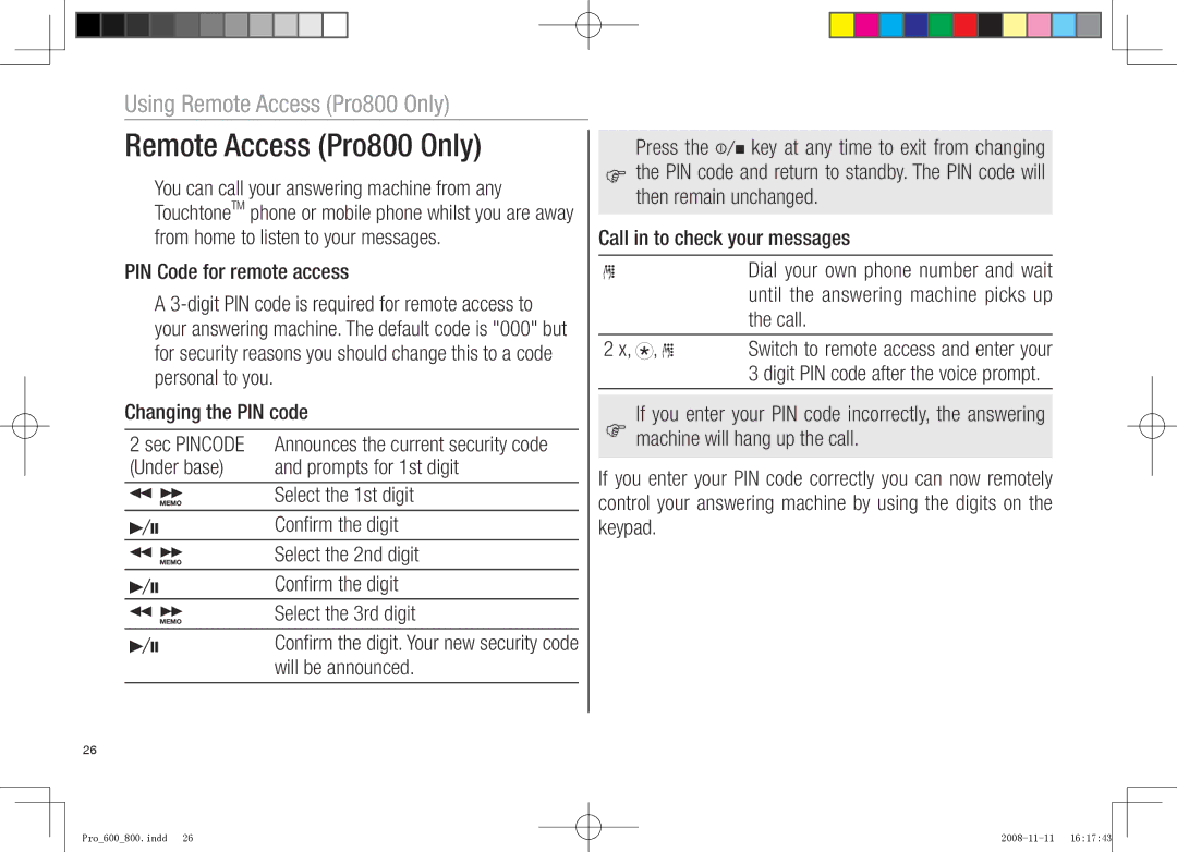 Oricom pro800 DECT, pro600 DECT Using Remote Access Pro800 Only, PIN Code for remote access, Changing the PIN code 