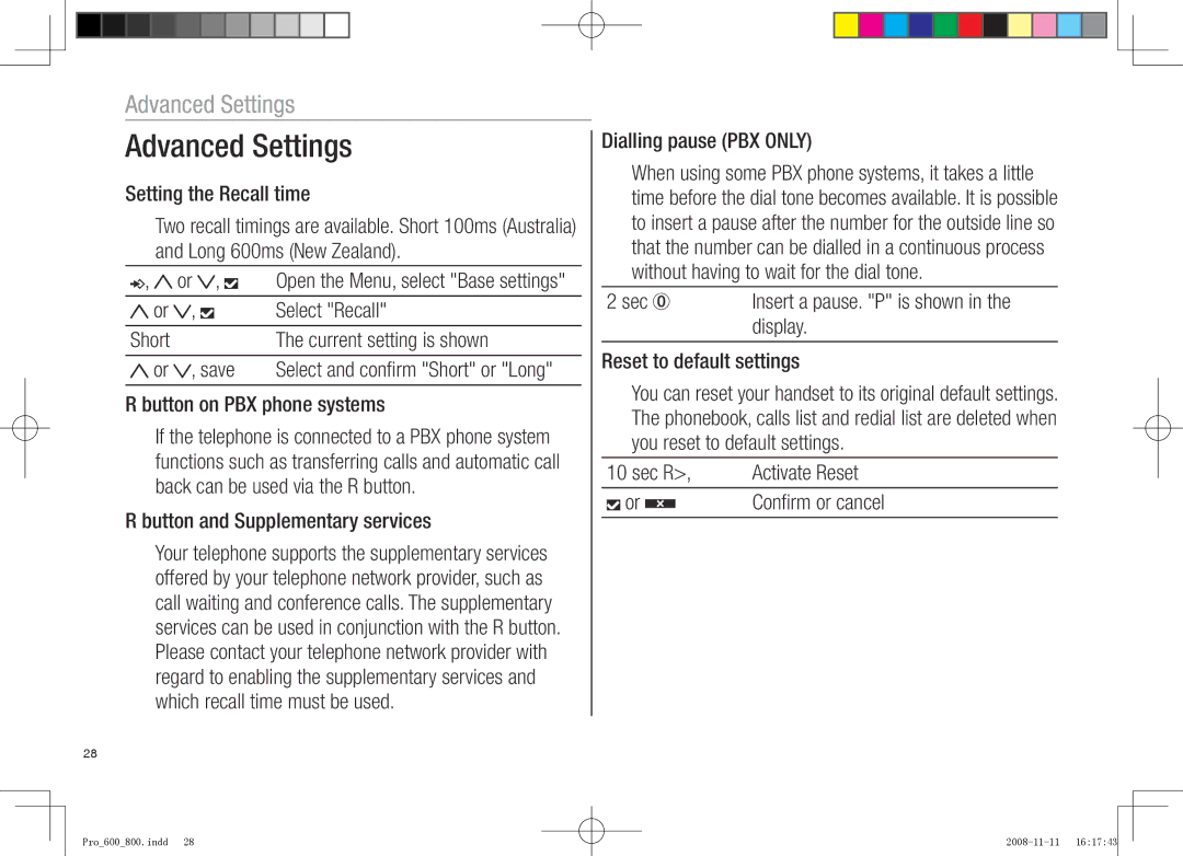 Oricom pro800 DECT, pro600 DECT manual Advanced Settings 