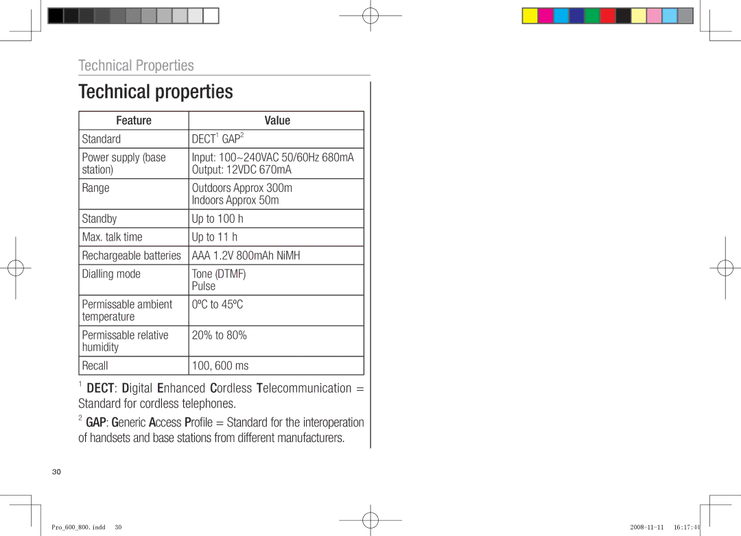 Oricom pro800 DECT, pro600 DECT manual Technical properties, Technical Properties 