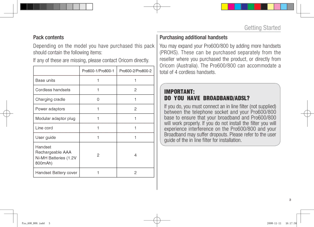 Oricom pro600 DECT manual Purchasing additional handsets, If any of these are missing, please contact Oricom directly 